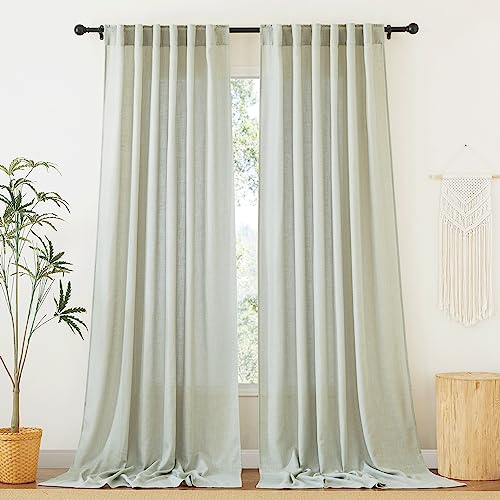 RYB HOME Semi Sheer Linen Curtains Extra Wide Curtains 108" Length, Linen Blend Elegant Light Filtering Privacy Protected Panels for Farmhouse/Living Room, Sage Green, 52" W x 108" L, 2 Panels