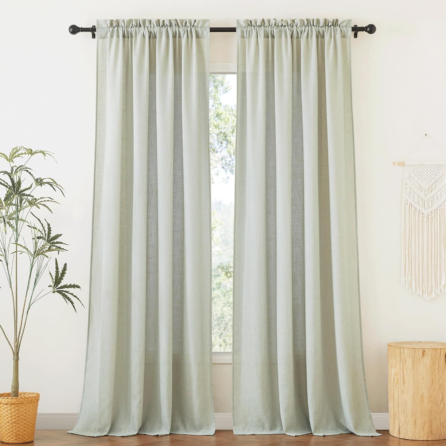 RYB HOME Linen Sheer Curtains 95 inches Long, Airy Breathable Absorbent Curtains & Drapes, Light Filter Half Privacy Protect for Sliding Door, Bedroom, Living Room, Wide 52", 2 Panels, Sage