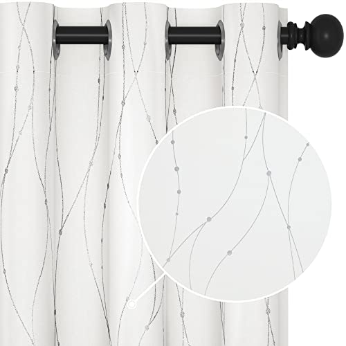 Deconovo White Curtains, Room Darkening Curtain, Thermal Insulated Soundproof Drapes, Wave Dots Silver Print, 38 x 36 Inch Long, Grommet Top, Window Panels for Living Room Bedroom Kitchen, Set of 2