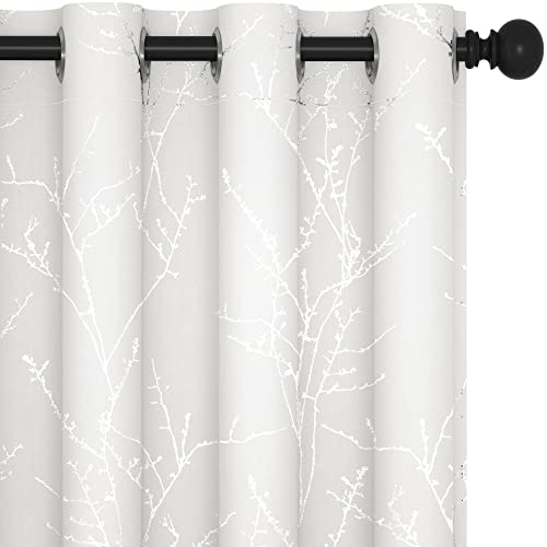 Deconovo Room Darkening Curtains, White Curtain, Thermal Insulated & Noise Reducing Drapes, Silver Branch Pattern, 52 x 95 Inch Long, Grommet Panels for Bedroom Living Room Office Nursery, Set of 2