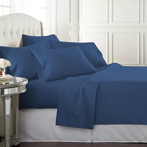 Danjor Linens Bed Sheet Set King Size for Hot Sleepers, Hotel Premium Sheets with 4 Pillowcases, Lightweight Brushed Microfiber Deep Pockets, Breathable Cooling 6 Piece Bedding Sets, Navy