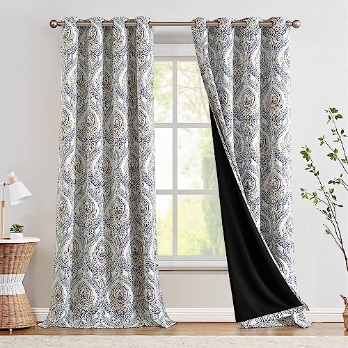 jinchan Blackout Curtains 96 Inches Long Blue Damask Medallion Window Curtains for Bedroom Grommet Thermal Insulated Drapes for Living Room Vintage Luxury Window Treatments Set 2 Panels