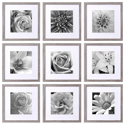eletecpro 12x12 Picture Frames Set of 9 with Mat for 8x8 Photos or without Mat for 12x12, Square Gallery Wall Decor Collage for Picture Display, Grey Frame Set for Wall Hanging