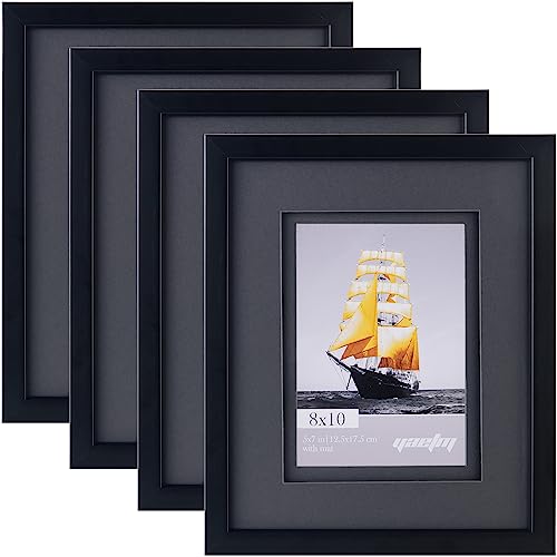Yaetm 8x10 Double Floating Mat Picture Frame Set of 4, Display Picture 5x7 with black Double Mat, Polished High Definition Real Glass, Tabletop & Wall Mounting Photo Frames, Black