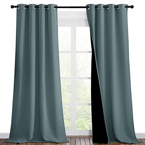 NICETOWN Greyish Blue Blackout Curtains 90 inches Long, Full Light Blocking Drapes with Black Liner for Nursery, Thermal Insulated Draperies for Hall, Villa (2 Pieces, 46" Wide Each Panel)