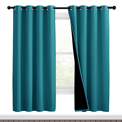 NICETOWN 100% Blackout Window Curtain Panels, Full Light Blocking Drapes with Black Liner for Nursery, 72-inch Drop Thermal Insulated Draperies (Peacock Teal, 2 Pieces, 46-inch Wide Per Panel)