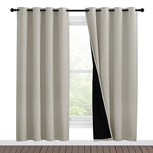 NICETOWN 100% Blackout Window Curtain Panels, Full Light Blocking Drapes with Black Liner for Nursery, 78-inch Drop Thermal Insulated Draperies (Natural, 2 Pieces, 55-inch Wide Per Panel)