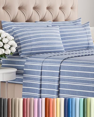 King 6 Piece Sheet Set - Comfy Breathable & Cooling - Soft Hotel Luxury Bedding Set with 8-16 Inch Deep Pockets - 1 Flat & 1 Fitted Sheet & 4 Pillowcases - Wrinkle Free & Easy Care - Blue Stripes 3
