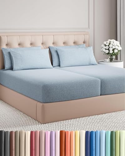 Split King 7 Piece Sheet Set - Cooling Sheets for Hot Sleepers - Hotel Luxury Bedding Set with 8-16 Inch Deep Pockets - 1 Flat & 2 Fitted & 4 Pillowcases - Ultra Soft & Wrinkle Free - Heathered Blue