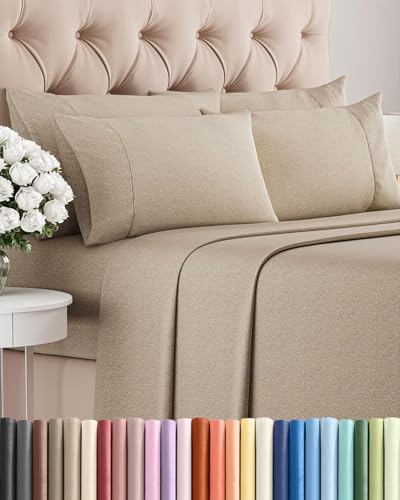 King 6 Piece Sheet Set - Cooling Sheets for Hot Sleepers - Hotel Luxury Bedding Set with 8-16 Inch Deep Pockets - 1 Flat & 1 Fitted & 4 Pillowcases - Soft, Easy Care & Wrinkle Free - Heathered Beige