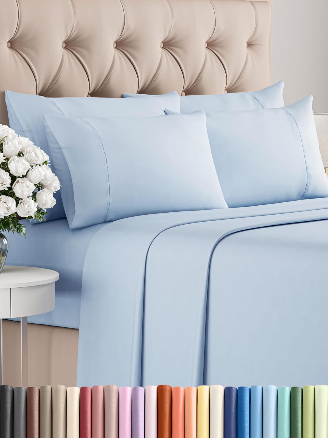 Cal King Sheets Set 6 Piece - Includes 4 Pillowcases - Bed Sheets Cal King Size - Soft Hotel Luxury Bedding - Cooling, Comfy & Breathable - 1 Flat & 1 Fitted & 4 Pillowcases w/ Deep Pockets - Sky Blue