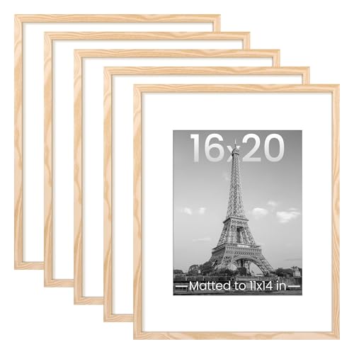 upsimples 16x20 Picture Frame Set of 5, Display Pictures 11x14 with Mat or 16 x 20 Without, Wall Gallery Poster Frames, Natural