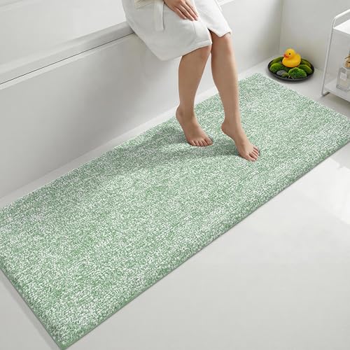 Yimobra Bathroom Runner Rug Non Slip Washable 70x24,Soft Absorbent Microfiber Long Bath Mat, Dual-Tone Decor Rug with Rubber Backing for Floor, Tub and Hallway, Home Essentials,Green and White