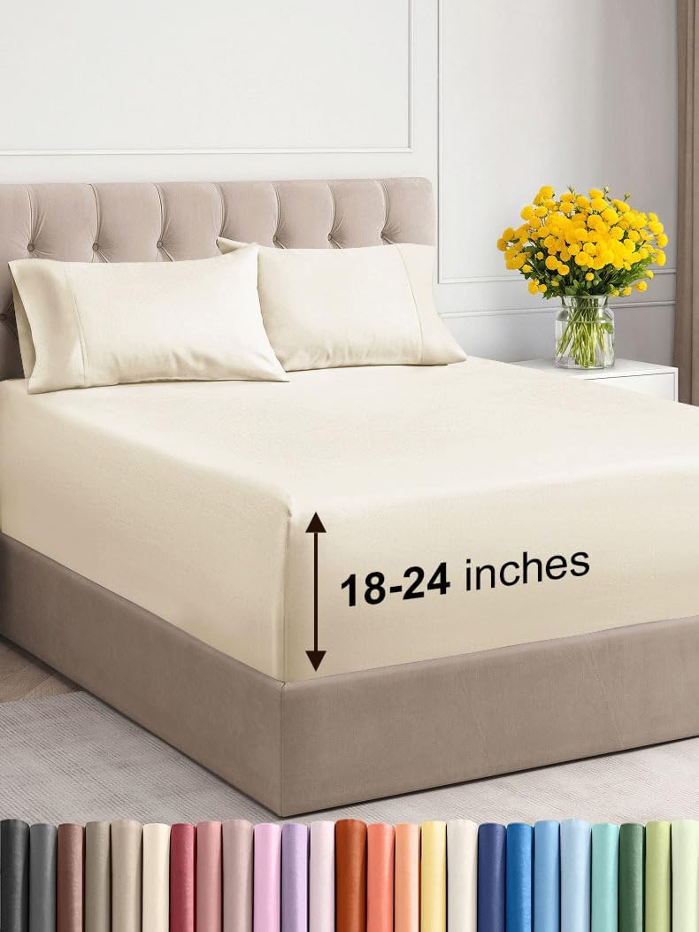 Extra Deep Twin XL Sheet Set - 4 Piece Breathable and Cooling Sheets - Hotel Luxury Bed Sheets Set - Easy Fit - Soft, Wrinkle Free and Comfy Sheets Set - Off White Sheet Set with Extra Deep Pockets