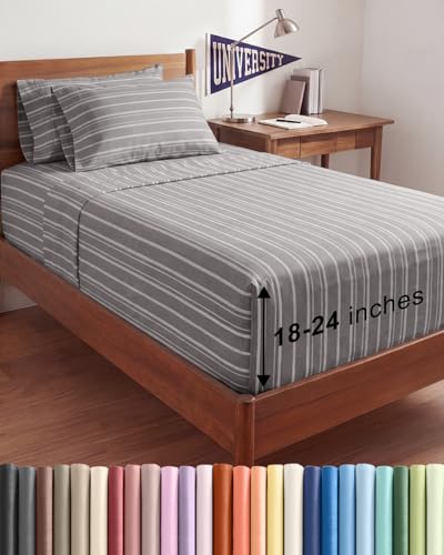 Extra Deep Twin XL Sheet Set - 4 Piece Breathable & Cooling Sheets - Hotel Luxury Bed Sheets Set - Easy Fit - Soft, Wrinkle Free and Comfy Sheets Set - Grey Striped Sheet Set with Extra Deep Pockets