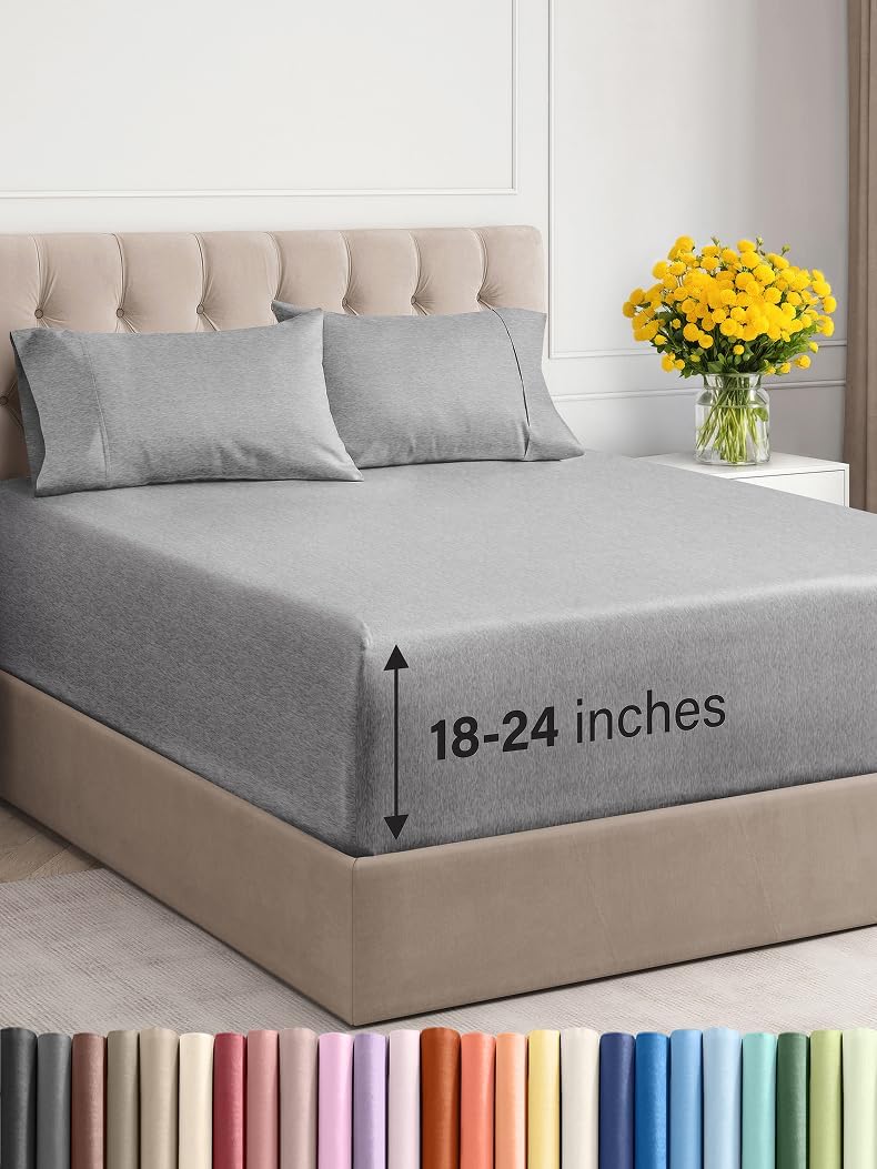 Extra Deep Twin XL Sheet Set - 4 Piece Breathable & Cooling Sheets - Hotel Luxury Bed Sheets Set - Easy Fit - Soft, Wrinkle Free & Comfy Sheets Set - Heathered Grey Sheet Set with Extra Deep Pockets
