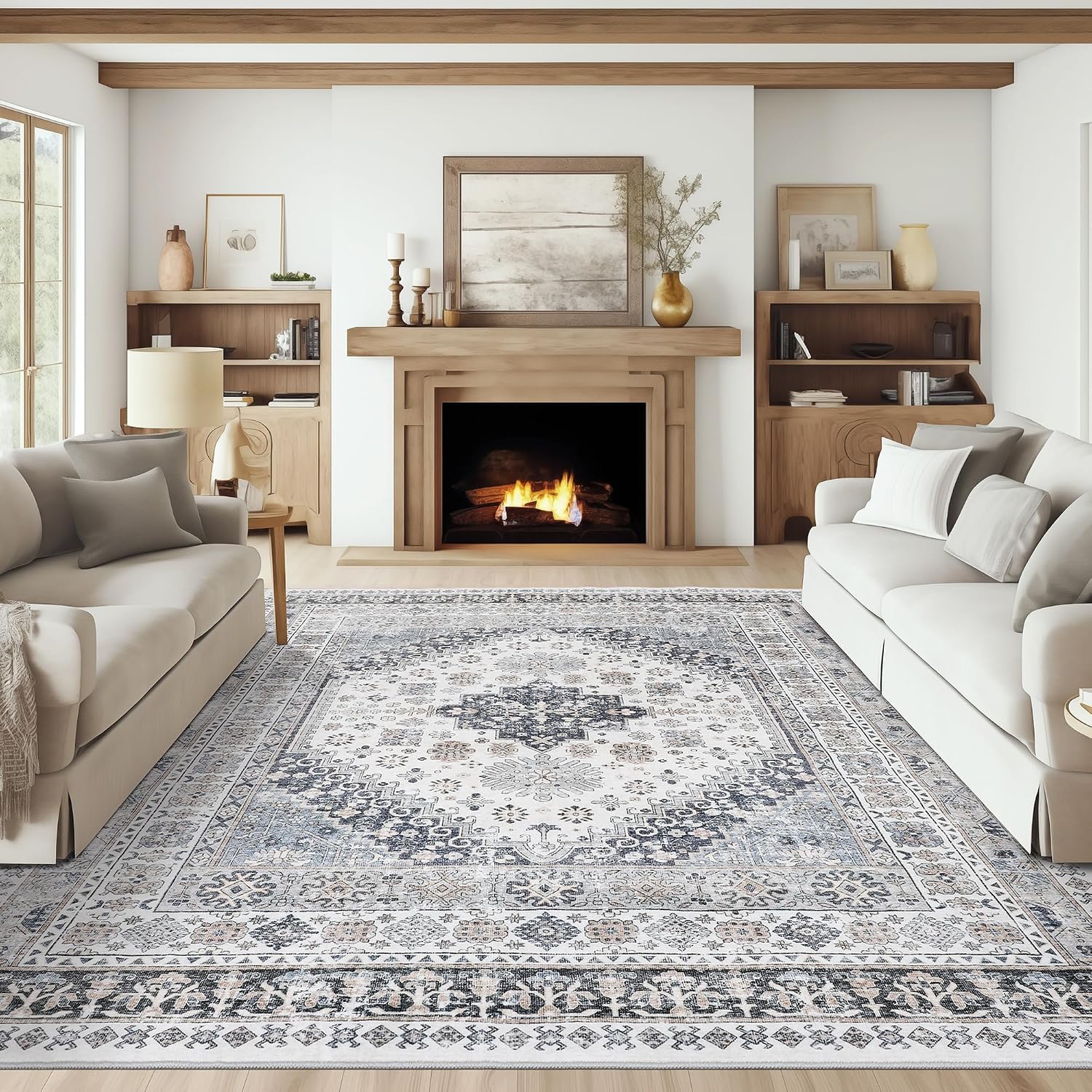 Washable Rug 8x10 Area Rugs for Living Room - Stain Resistant Non-Slip Backing Rugs for Bedroom - Vintage Large Area Rug (Grey/Beige, 8'x10')