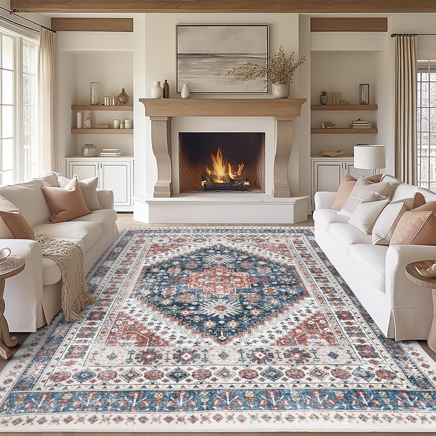 zesthome 8x10 Area Rugs for Living Room,Non-Slip Backing Washable Rugs,Vintage Large Area Rug,Stain Resistant Home Decor Rug (Navy Blue/Red,8'x10')