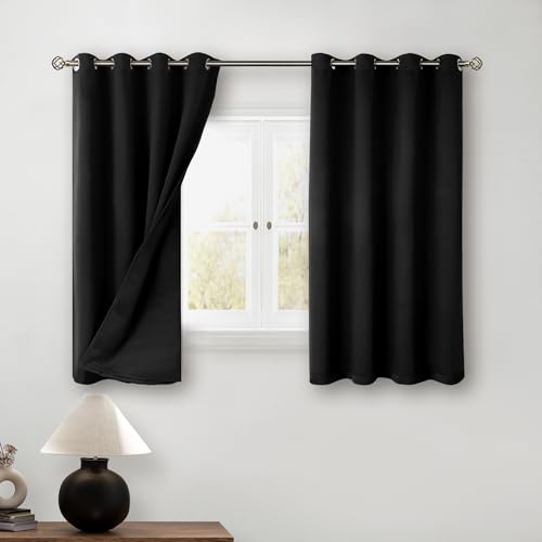 BGment Short 100% Blackout Curtains for Bedroom, Thermal Insulated Energy Efficiency Noise Reducing Grommet Curtains 45 Inch Length with Liner for Small Window 2 Panels Each 52 Inch Wide, Black