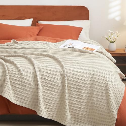 PHF 100% Cotton Waffle Weave Blanket Queen Size for Bed,Snag Proof Lightweight Breathable Moisture-Wicking Throw for Couch,Great for Layering in Cold Weather,Home Decor Gift-Linen