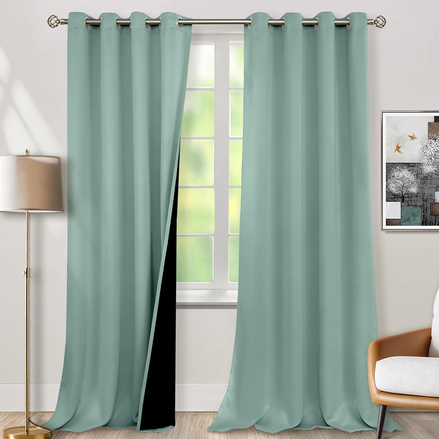 BGment Frosty Green Blackout Curtains 95 Inches Long 2 Panels Set for Living Room, Thermal Insulated 100% Light Blocking Curtains & Drapes, Grommet Soundproof Curtains for Bedroom Window, Each 52 Wide