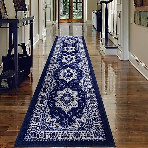 Antep Rugs Alfombras Oriental Traditional 2x10 Non-Skid (Non-Slip) Low Profile Pile Rubber Backing Indoor Runner Rugs (Navy Blue, 2' x 10')
