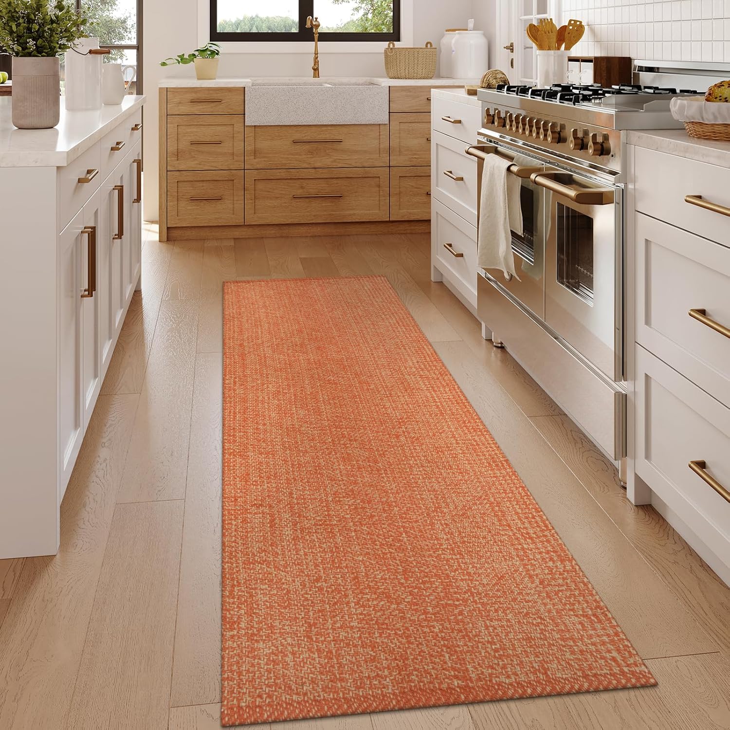 LEEVAN Washable Terra Woven Hallway Foyer Runner, 2'x6', Modern Farmhouse Bedroom Kitchen Runner, Low Profile Cotton Reversible Bathroom Rug
