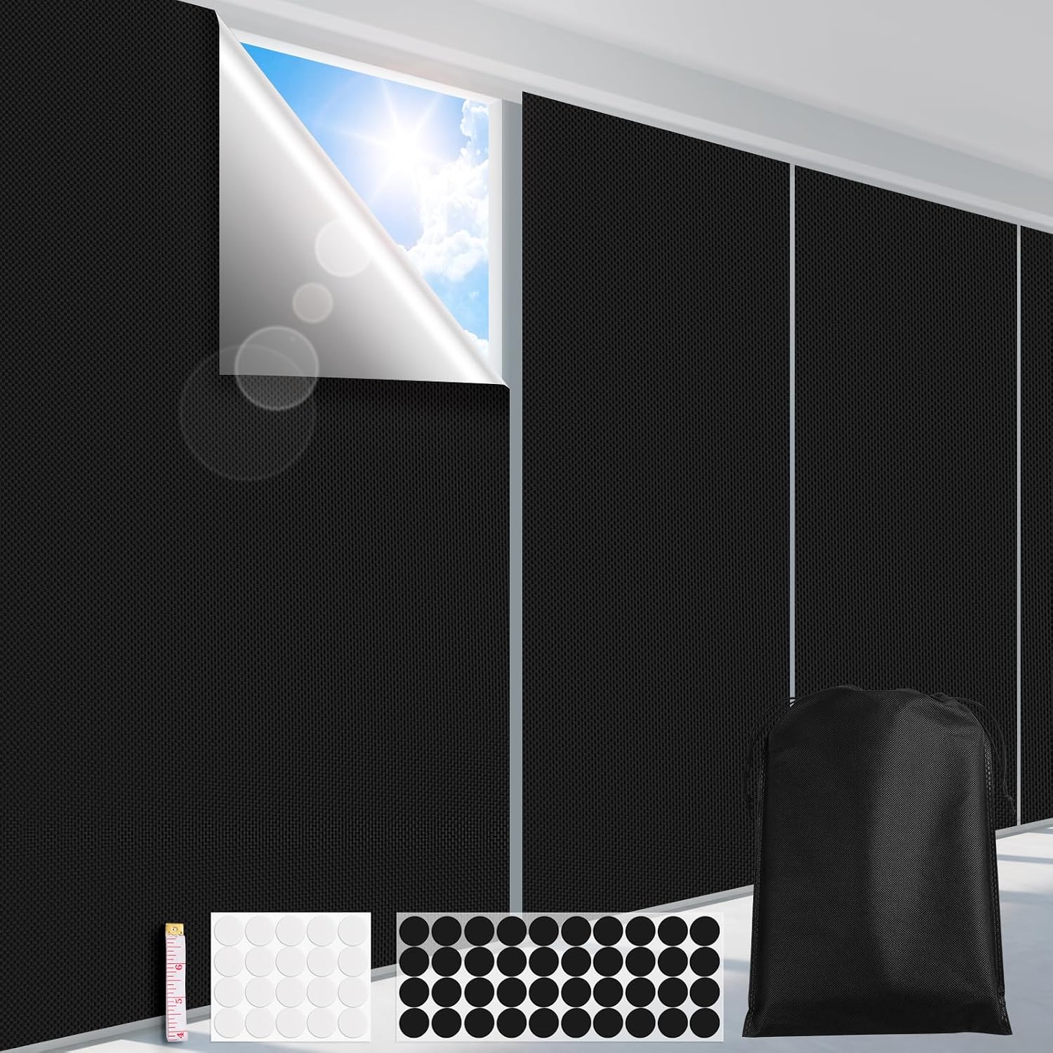 Blackout Curtains for Bedroom, Portable 100% Black Out Window Cover Film, Cuttable Blackout Shades Fabric Sheet, No Drill Window Blinds, Sun Heat Light Blocker for Travel Media Dorm, 57'' W