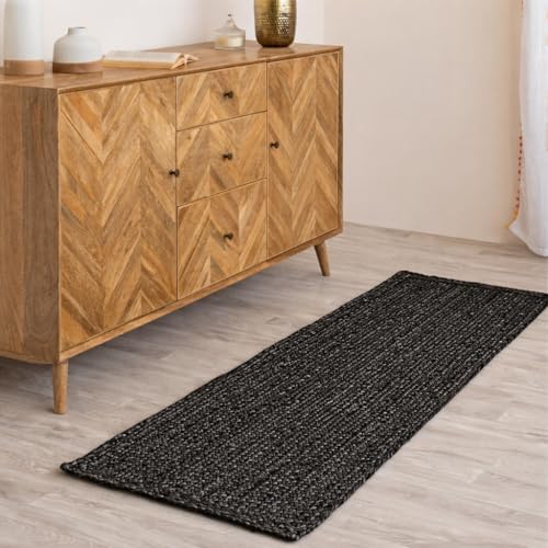 HOMEMONDE Handcrafted Woven Jute Runner Rug - Rustic Vintage Braided Reversible Area Rug - Farmhouse Indoor Floor Rug - Eco Friendly Rug for Kitchen/Hallway/Living Room/Bedroom (Black, 2'x6')