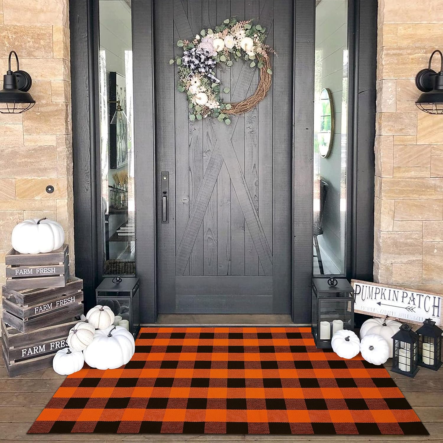 KILOCOCO Halloween Doormat 4'x6' Buffalo Plaid Rug Outdoor Rugs for Thanksgiving Washable Fall Doormats Layered Front Door Mat for Porch/Farmhouse/Entryway/Patio Orange Rug Christmas Decor