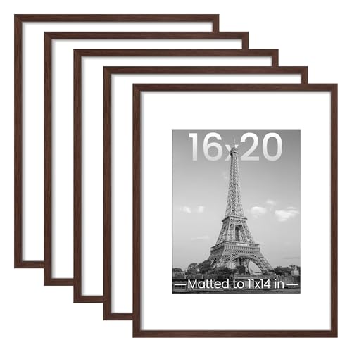 upsimples 16x20 Picture Frame Set of 5, Display Pictures 11x14 with Mat or 16 x 20 Without, Wall Gallery Poster Frames, Brown