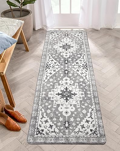 Uphome Boho Vintage Bathroom Runner Rug Gray Non-Slip Soft Bedroom Rug Machine Washable Oriental Kitchen Rug Traditional Tribal Floral Floor Mats for Hallway Kids Room Entryway, 24x71 inch