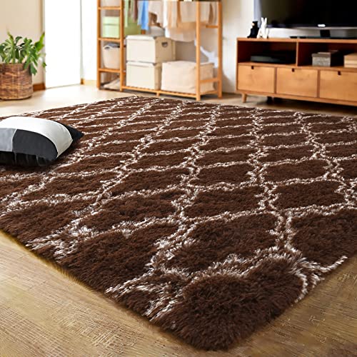 LOCHAS Luxury Shag Area Rug 6x9 Feet Geometric Plush Fluffy Rugs, Extra Soft Carpet Runner Rugs for Bedroom Living Room Dorm Kids, High Pile Shaggy Floor Rug Decor, Brown/Beige