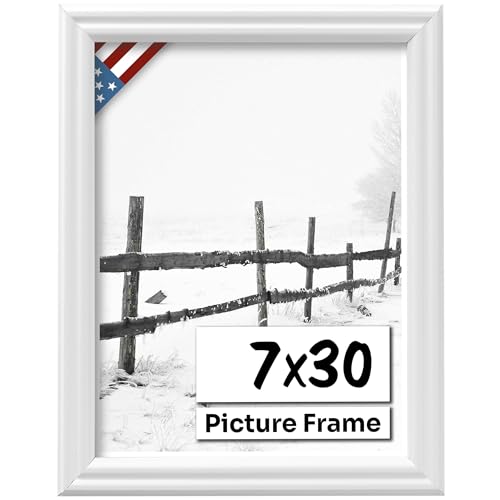 White 7x30 Picture Frame .75" Inch Wide - White Wall Decor Handmade Solid Wood Frames with Preinstalled Hangers and UV Blocking Plexiglass 30x7 Frame