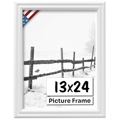 White 13x24 Picture Frame .75" Inch Wide - White Wall Decor Handmade Solid Wood Frames with Preinstalled Hangers and UV Blocking Plexiglass 24x13 Frame