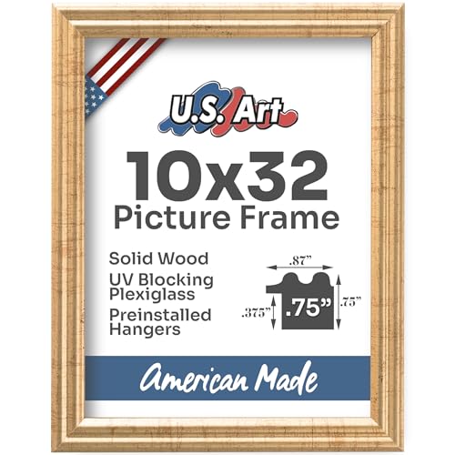 Antique Gold 10x32 Picture Frame .75" Inch Wide - Gold Wall Decor Handmade Solid Wood Frames with Preinstalled Hangers and UV Blocking Plexiglass 32x10 Frame
