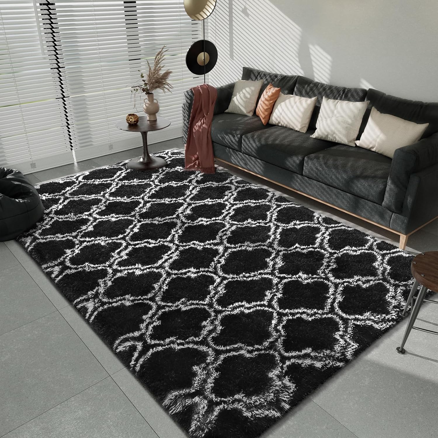 LOCHAS Luxury Shag Area Rug 8 x10 Feet Geometric Plush Fluffy Rugs, Extra Soft Carpet Runner Rugs for Bedroom Living Room Dorm Kids, High Pile Shaggy Floor Rug Decor, Black/White