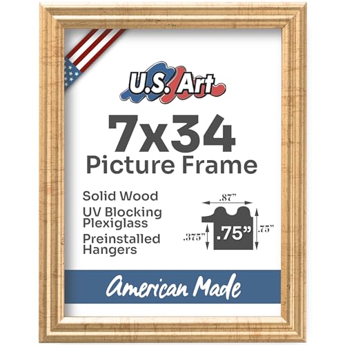 Antique Gold 7x34 Picture Frame .75" Inch Wide - Gold Wall Decor Handmade Solid Wood Frames with Preinstalled Hangers and UV Blocking Plexiglass 34x7 Frame