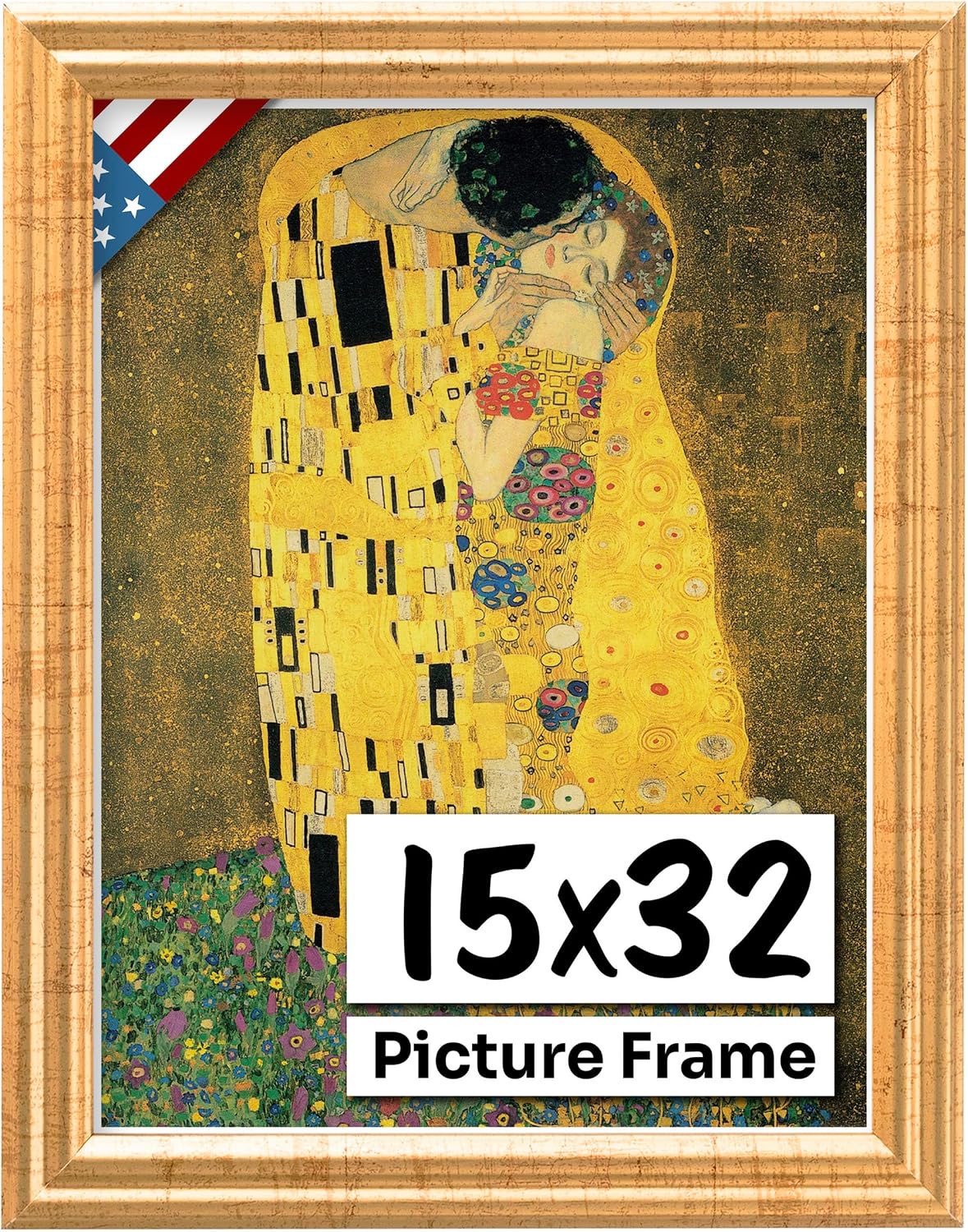 Antique Gold 15x32 Picture Frame .75" Inch Wide - Gold Wall Decor Handmade Solid Wood Frames with Preinstalled Hangers and UV Blocking Plexiglass 32x15 Frame