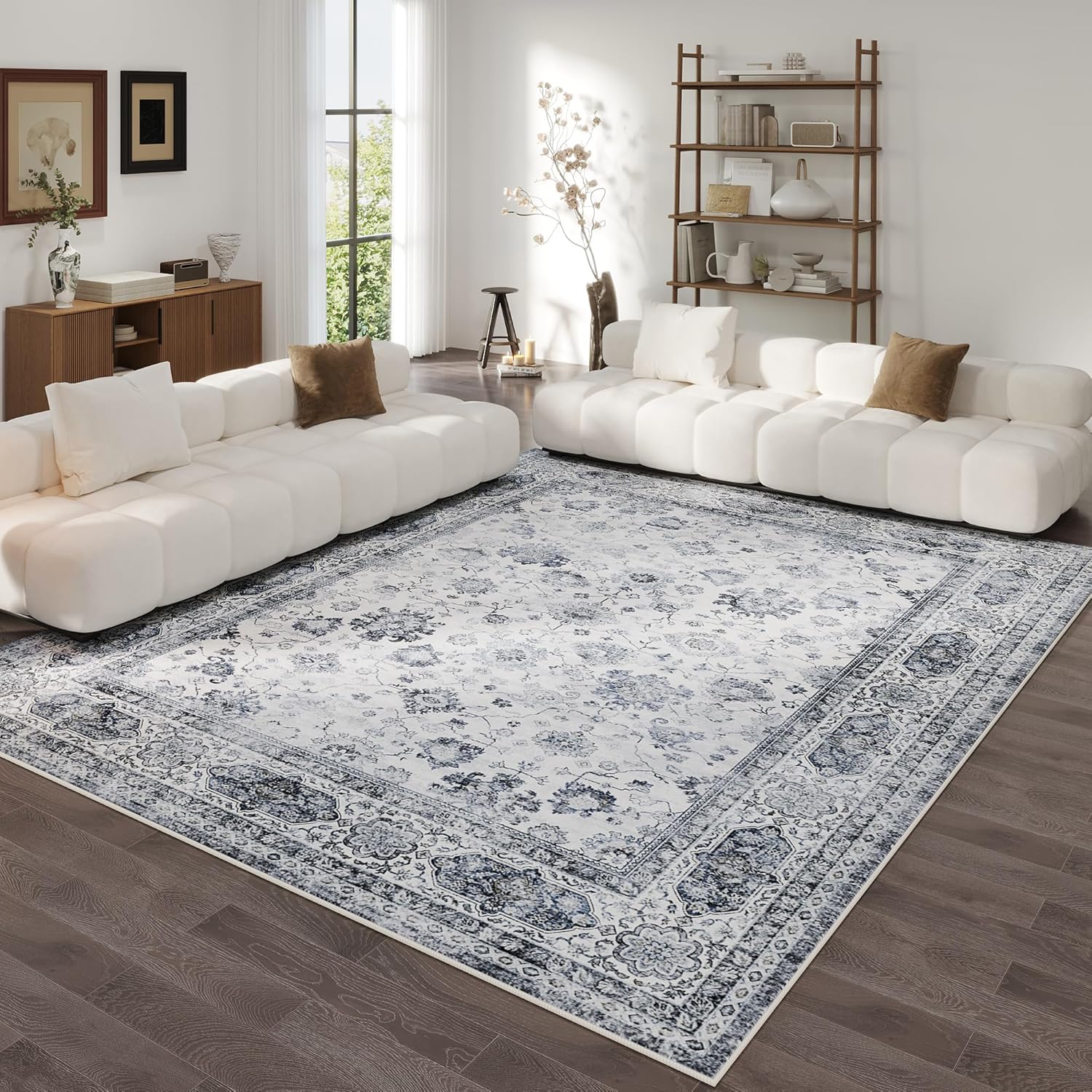 Area Rugs 8x10 Washable Boho Rug (Grey & White)