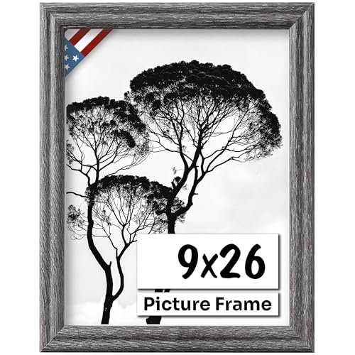 Barnwood Gray 9x26 Picture Frame .75" Inch Wide - Handmade American Solid Wood Picture Frames with Preinstalled Hangers and UV Blocking Plexiglass Frames