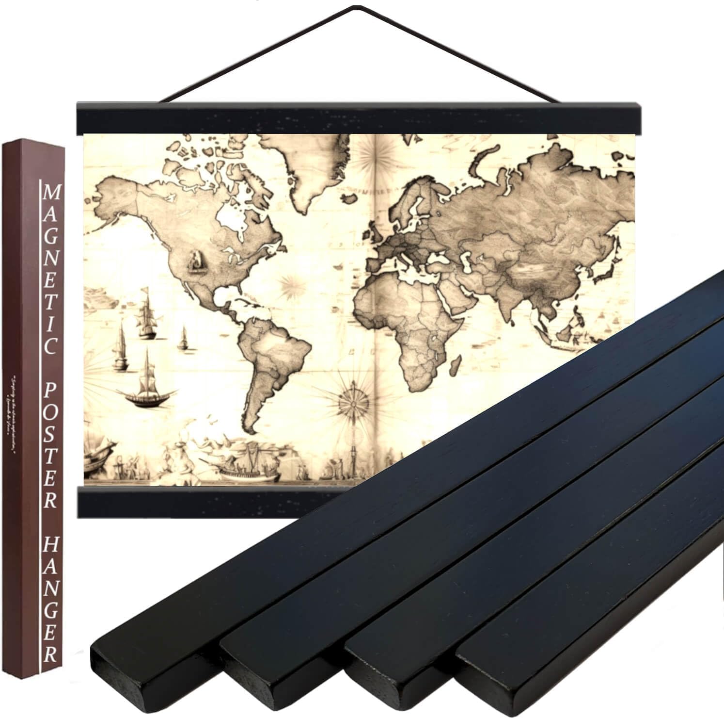 42 Inch Magnetic Poster Hanger Frame - Sturdy Teak Wood Poster Hanger, Strong Magnets for Safe and Quick Hanging Maps, Pictures, Prints, Scroll Wall Art 42x24 42x28 42x30 (42", Black)
