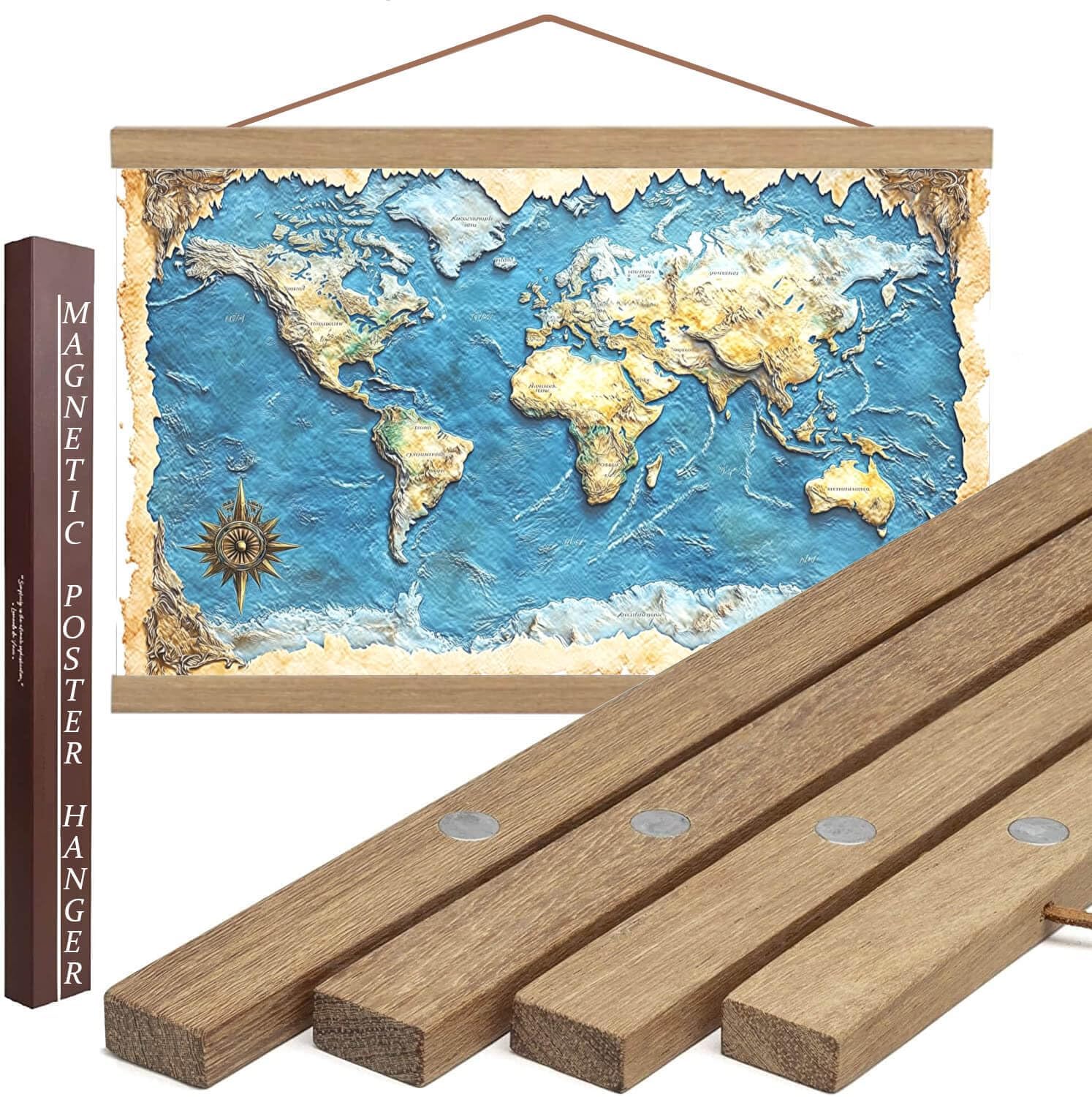 42 Inch Magnetic Poster Hanger Frame - Sturdy Teak Wood Poster Frame, Strong Magnets for Safe, Quick Hanging Maps, Posters, Picture, Print, Scroll Wall Art 42x24 42x28 42x32 (42", Natural Wood)
