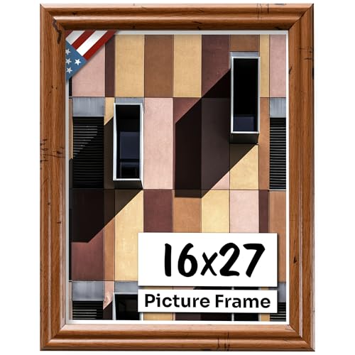 Distressed Oak 16x27 Picture Frame .75" Inch Wide - Handmade American Solid Wood Picture Frames with Preinstalled Hangers and UV Blocking Plexiglass Frames