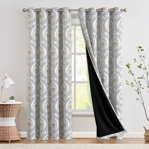 jinchan Blackout Curtains 90 Inch Length 2 Panels Blue Damask Medallion Window Curtains for Bedroom Grommet Thermal Insulated Drapes for Living Room Vintage Luxury Window Treatments Set