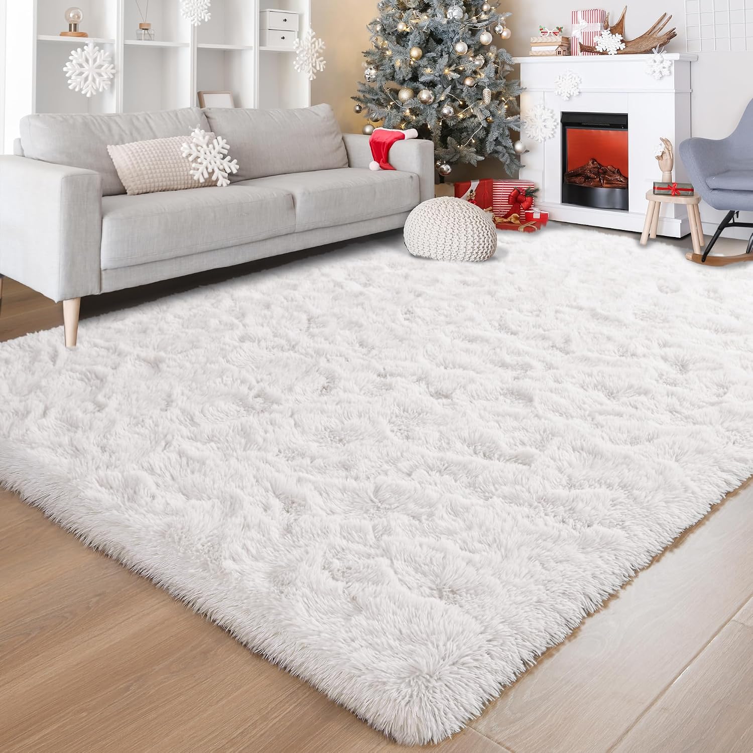 Foxmas Fluffy White Rug for Living Room, Shaggy Soft Fuzzy 8x10 Large Area Rugs for Bedroom, Thick Non-Slip and Machine Washable Indoor Carpet for Kids Girls Boys Nursery Dorm Home Decor, Cream