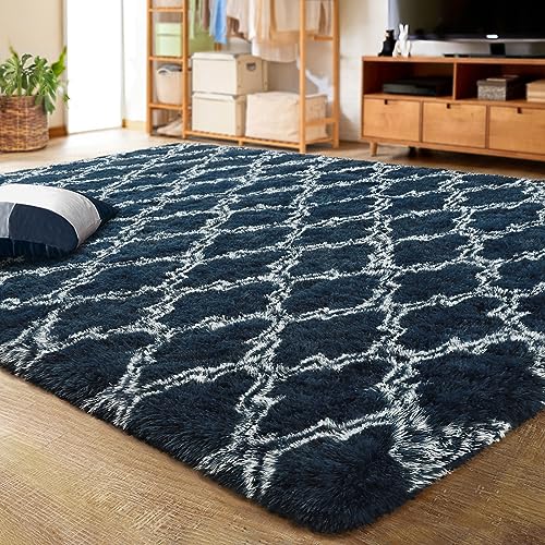 LOCHAS Luxury Shag Area Rug 5x8 Feet Geometric Plush Fluffy Rugs, Extra Soft Carpet Runner Rugs for Bedroom Living Room Dorm Kids, High Pile Shaggy Floor Rug Decor, Navy Blue/White