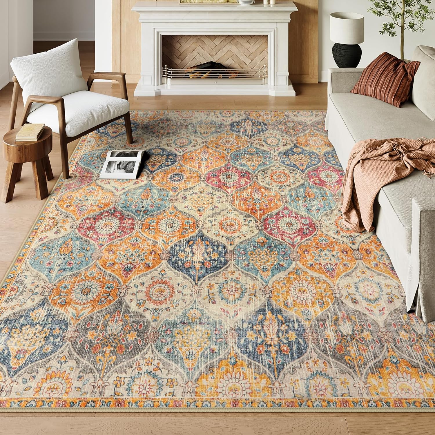 Lahome Moroccan Washable Area Rugs 9x12 Living Room, Soft 9x12 Area Rug for Bedroom, Oriental Non-Slip Non Shedding Throw Large Carpet for Dining Room Office, Cream/Multi