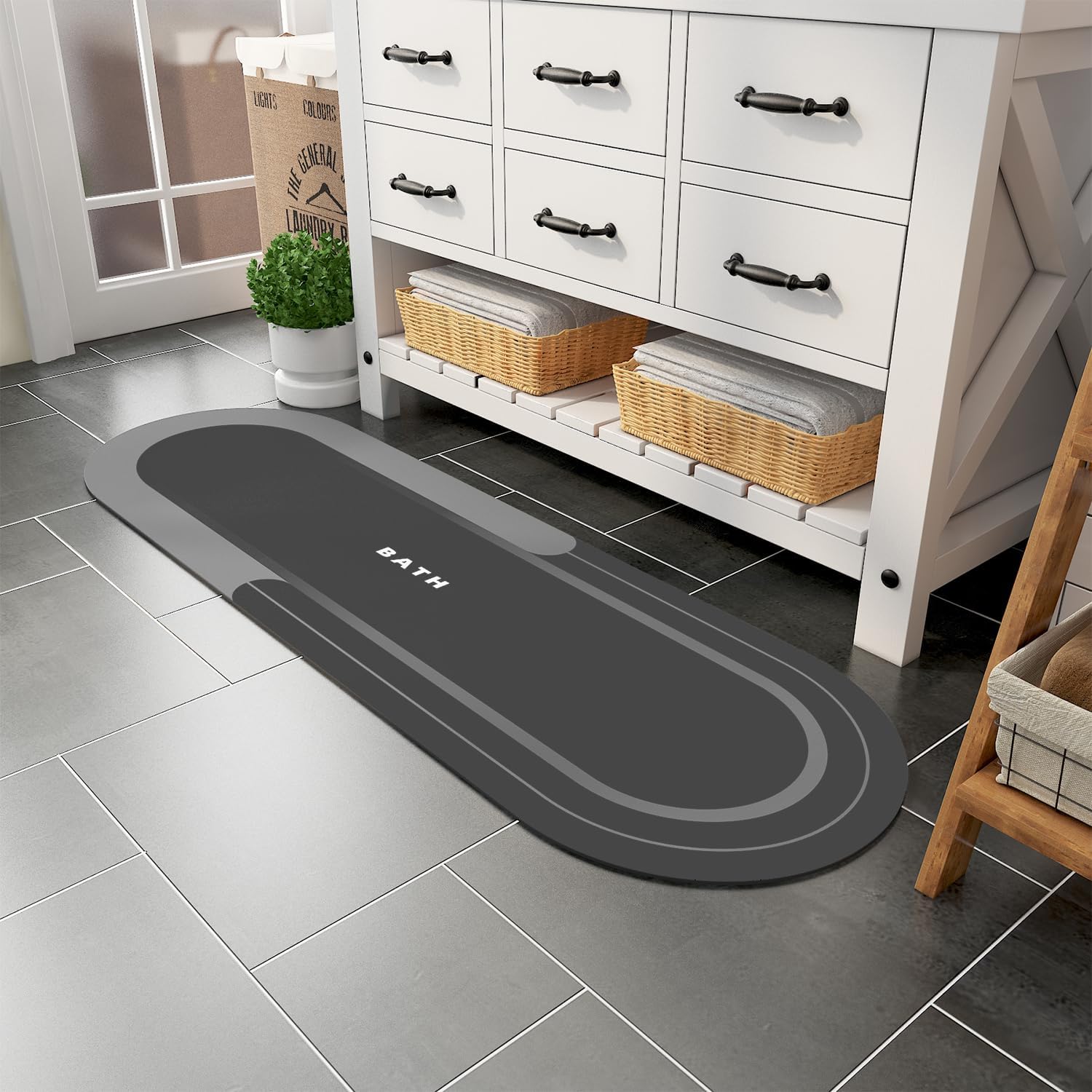 MontVoo Bath Mat Runner - Long Non Slip Absorbent Quick Dry Thin Bath Rug for Bathroom Floor Mat - Rubber Backed - Stain Resistant - Easy Care - Darkgrey 17"x50"