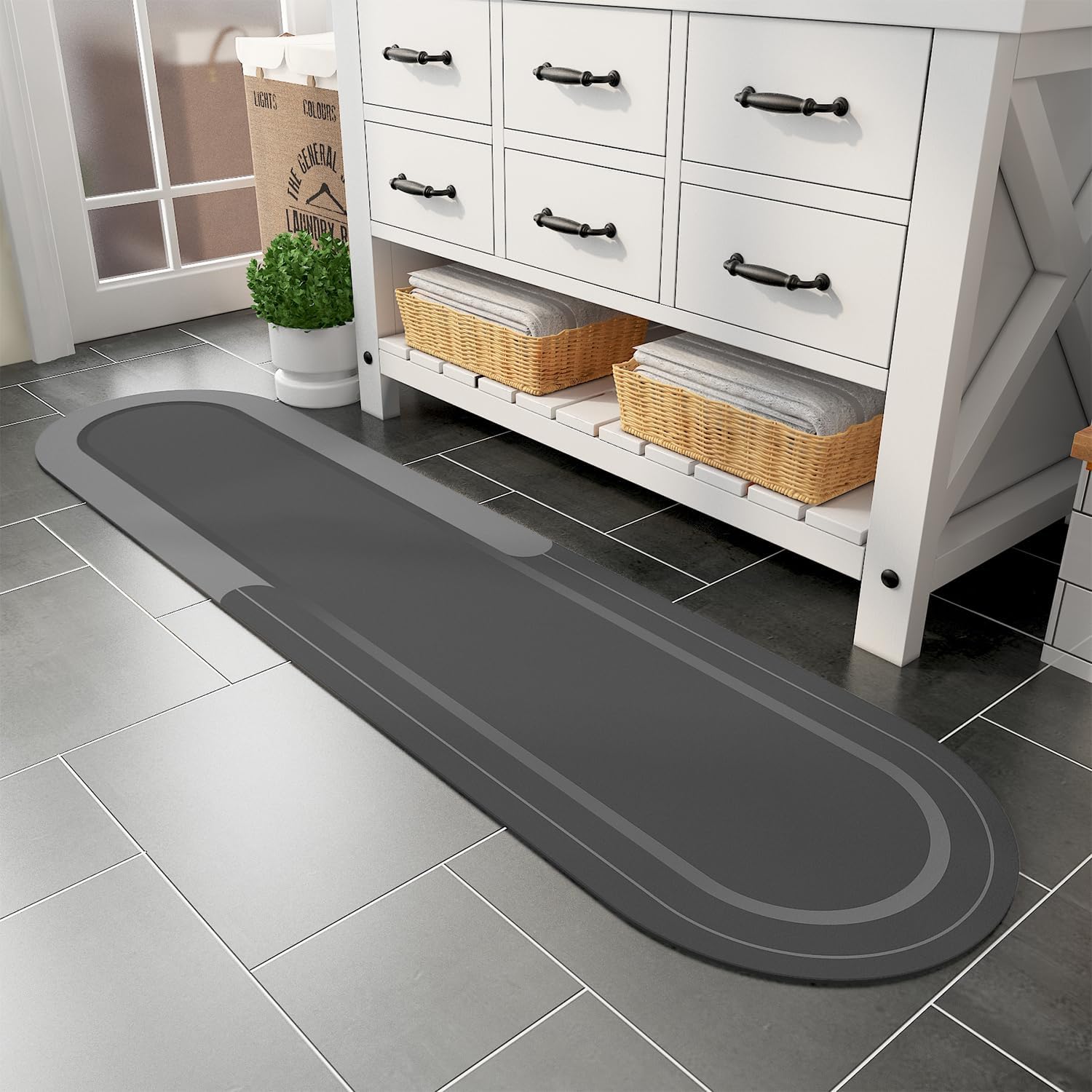 MontVoo Bath Mat Runner - Long Non Slip Absorbent Quick Dry Thin Bath Rug for Bathroom Floor Mat - Rubber Backed - Stain Resistant - Easy Care - Darkgrey 17"x70"